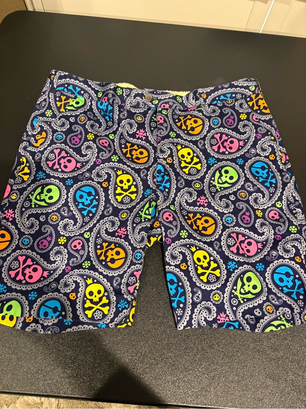 Loudmouth Golf Men's Flat Front Shorts in Multicolor Skull Paisley Print